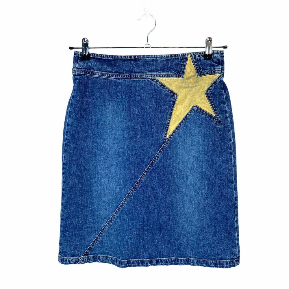 Louie Vintage Y2K Gold Star Denim MIdi Skirt sz 6